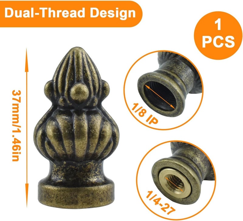 MARRTEUM Antique Brass Lamp Finial Cap Knob Retro Lamp Finial Decoration with Dual-Thread Screw for Lamp Shade, Fit Both 3/8" and 1/4-27, 1 Pack - Image 2